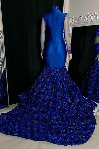 Robe de bal sirène glamour à col montant et manches longues, ourlet fleuri orné de perles