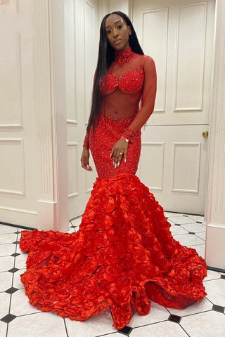 Robe de bal sirène glamour à col montant et manches longues, ourlet fleuri orné de perles