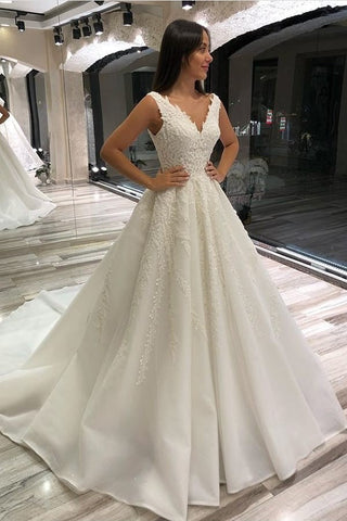 Glamorous Long A-line V-neck Sleeveless Lace Wedding Dress