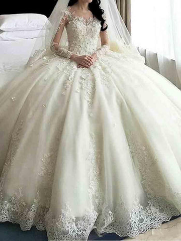 Glamorous Long Ball Gown Lace Beaded Wedding Dresses with Sleeves