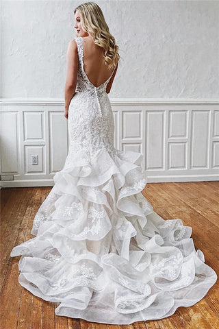 Glamorous Long Mermaid Straps Ruffled Lace Wedding Dresses