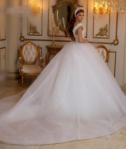Glamorous Long Princess Off the Shoulder Beading Pearl Tulle Wedding Dress