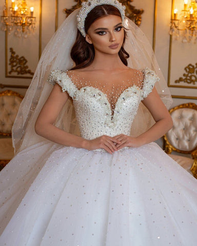 Glamorous Long Princess Off the Shoulder Beading Pearl Tulle Wedding Dress