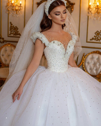 Glamorous Long Princess Off the Shoulder Beading Pearl Tulle Wedding Dress