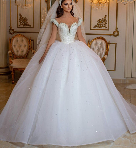 Glamorous Long Princess Off the Shoulder Beading Pearl Tulle Wedding Dress