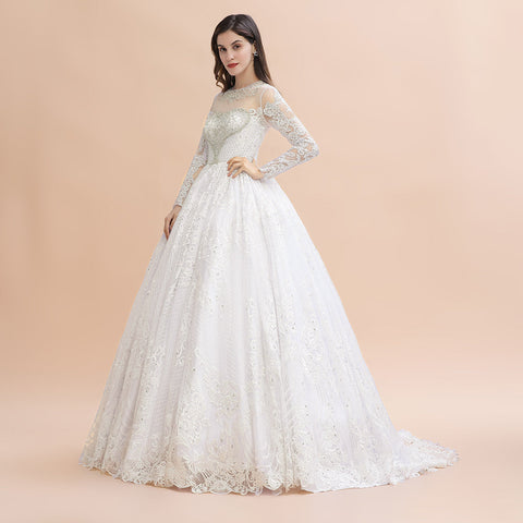 Glamorous Long Sleeve Beads White/Ivory Lace Appliques Wedding Dress