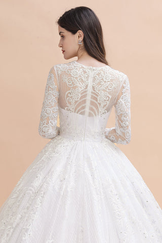 Glamorous Long Sleeve Beads White/Ivory Lace Appliques Wedding Dress