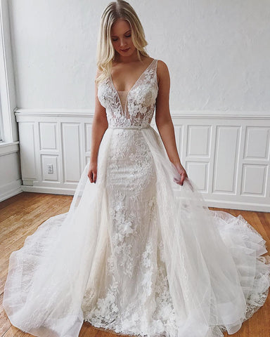 Glamorous Long Straps V-Neck Lace Mermaid Detachable Wedding Dresses