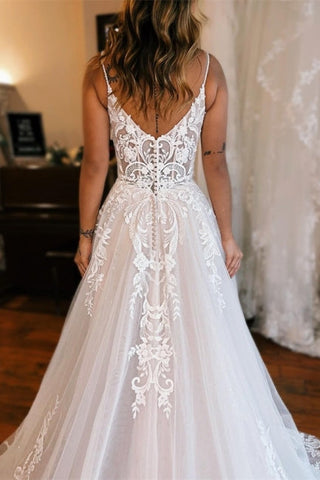 Glamorous Long White A-line Spaghetti Straps Lace Sleeveless Wedding dresses With Slit