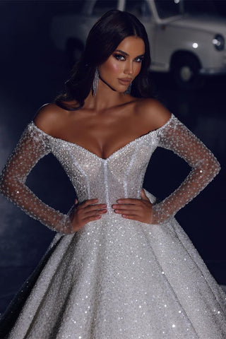 Glamorous Off-the-shoulder A-line Long Sleeves Lace Wedding Dress With Train