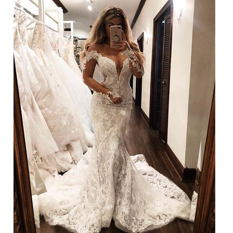 Glamorous Off-the-Shoulder Long Sleeves V-Neck Appliques Mermaid Wedding Dress