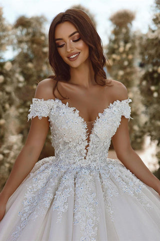 Glamorous Off-the-shoulder V-neck Appliques Lace A-line Wedding Dress