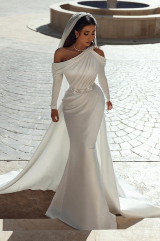 Glamorous one shoulder long sleeves mermaid satin Wedding dress with ruffles