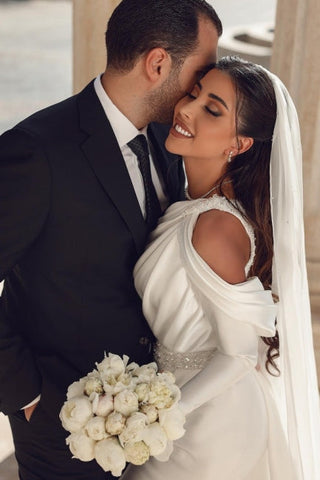 Glamorous one shoulder long sleeves mermaid satin Wedding dress with ruffles