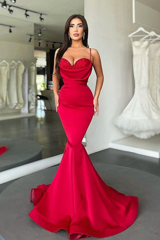 Robe de bal sirène rouge glamour longue à fines bretelles en solde