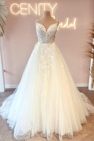Glamorous spaghetti straps sleeveless a-line lace Wedding dresses