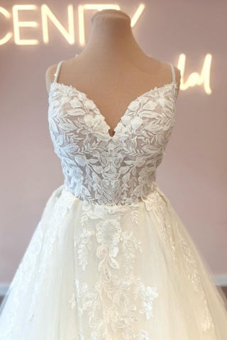 Glamorous spaghetti straps sleeveless a-line lace Wedding dresses