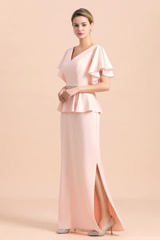 Glamorous V-Neck Front Slit Mother of Bride Dresses with Beadings Sash