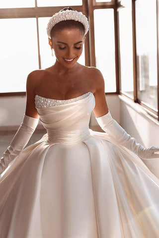 Glamorous White A-line Beading Satin Wedding Dress With Train