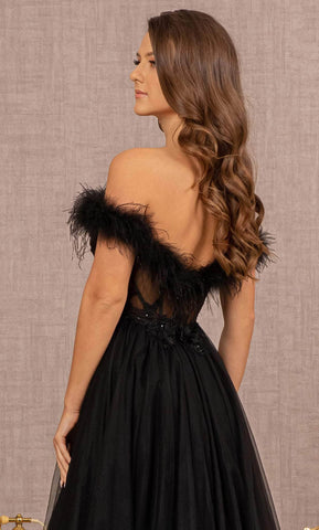 Feathered Off-Shoulder Evening Dress