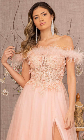 Feathered Off-Shoulder Evening Dress