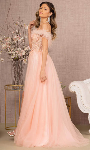 Feathered Off-Shoulder Evening Dress