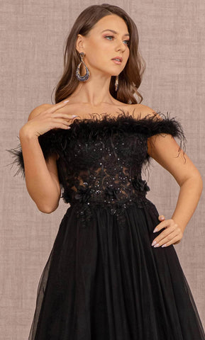 Feathered Off-Shoulder Evening Dress