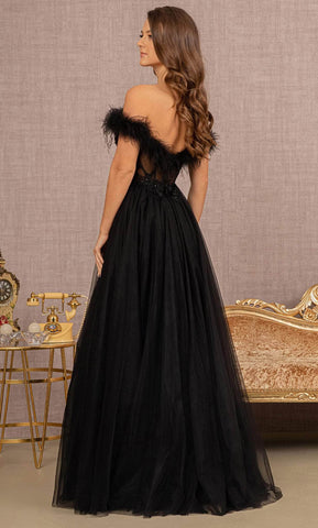 Feathered Off-Shoulder Evening Dress