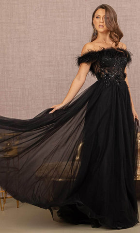 Feathered Off-Shoulder Evening Dress