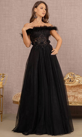Feathered Off-Shoulder Evening Dress