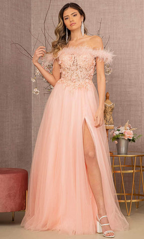 Feathered Off-Shoulder Evening Dress
