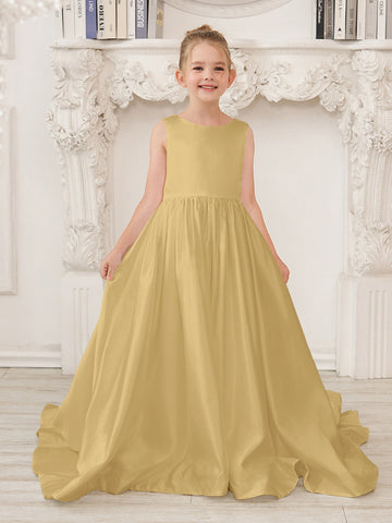 A-Line Princess Sleeveless Satin Flower Girl Dress with Sweep Train and Bow