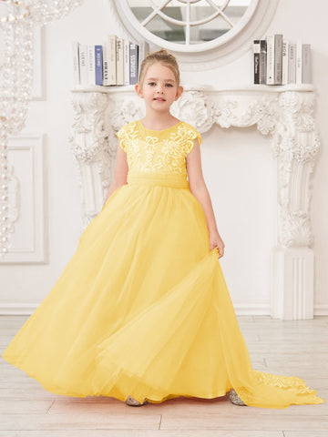 A-line Lace Tulle Sweep Train Pink Flower Girl Dress