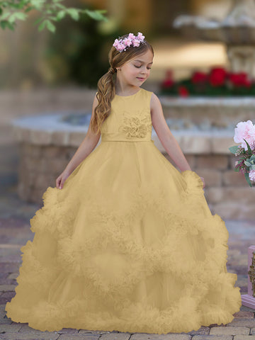 A-line Satin Tulle Floor-length Cascading Ruffles Flower Girl Dress