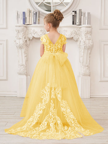 A-line Lace Tulle Sweep Train Pink Flower Girl Dress