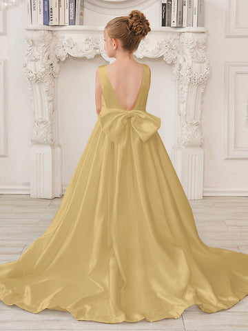 A-Line Princess Sleeveless Satin Flower Girl Dress with Sweep Train and Bow