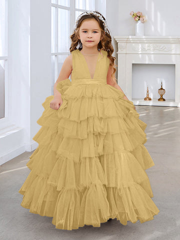 Ball-Gown/Princess Pearl Pink Sleeveless Tulle Bow Flower Girl Dress