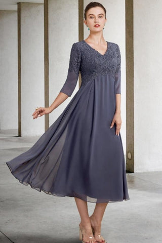 Gorgeous A-Line Mother of The Bride Dress Lace V-Neck 3/4 Sleeve Bridesmaid Dresses With Appliques