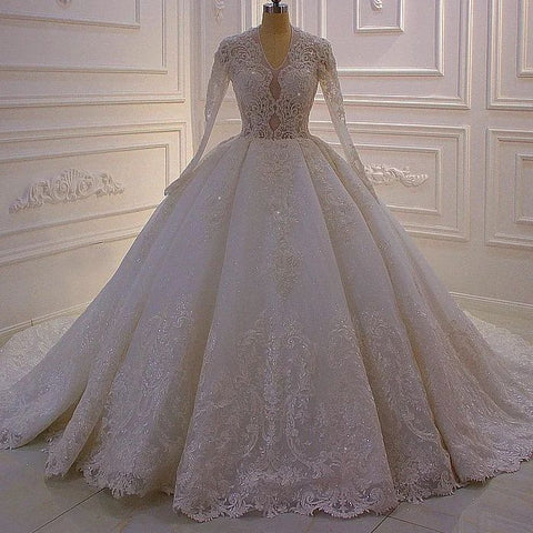 Gorgeous A-line White V-neck Long Sleeves Lace Sequined Wedding Dress