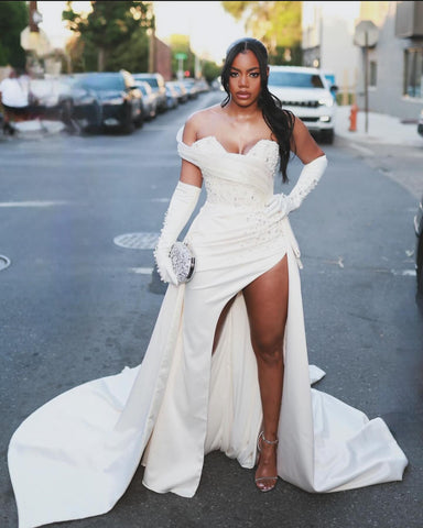 Gorgeous Column Satin One Shoulder Sleeveless White Wedding Dress With Beading Split Train