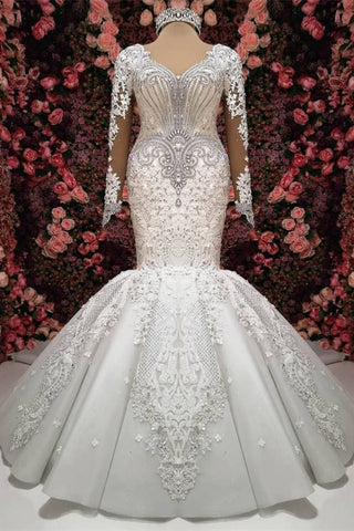 Gorgeous Crystals Mermaid Bridal Wears Long Sleeves Chapel Train Wedding Dress