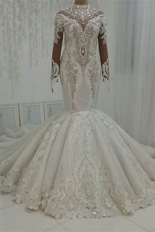 Gorgeous Glamorous Beaded High neck Mermaid Mermaid Wedding Dress