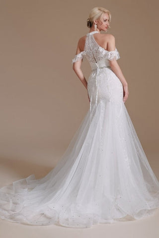 Gorgeous Halter Sleeveless Mermaid Floor-Length Tulle Wedding Dresses with Applique