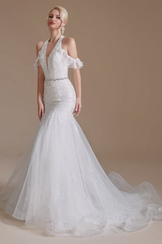 Gorgeous Halter Sleeveless Mermaid Floor-Length Tulle Wedding Dresses with Applique