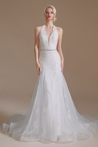 Gorgeous Halter Sleeveless Mermaid Floor-Length Tulle Wedding Dresses with Applique