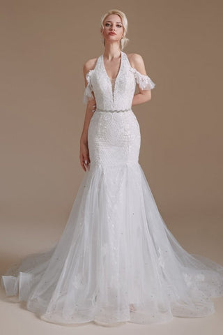 Gorgeous Halter Sleeveless Mermaid Floor-Length Tulle Wedding Dresses with Applique