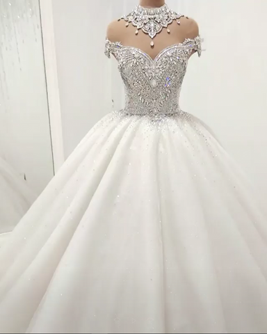 Gorgeous High Neck Crystal Beading Princess Wedding Dress
