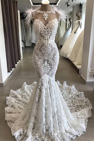Gorgeous Hollow Sweetheart Lace Long Wedding Dress with Fur Neckline