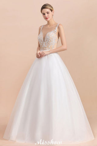 Gorgeous Illusion Neck Button Sleeveless White Ball Gown Wedding Dress