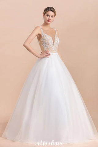Gorgeous Illusion Neck Button Sleeveless White Ball Gown Wedding Dress